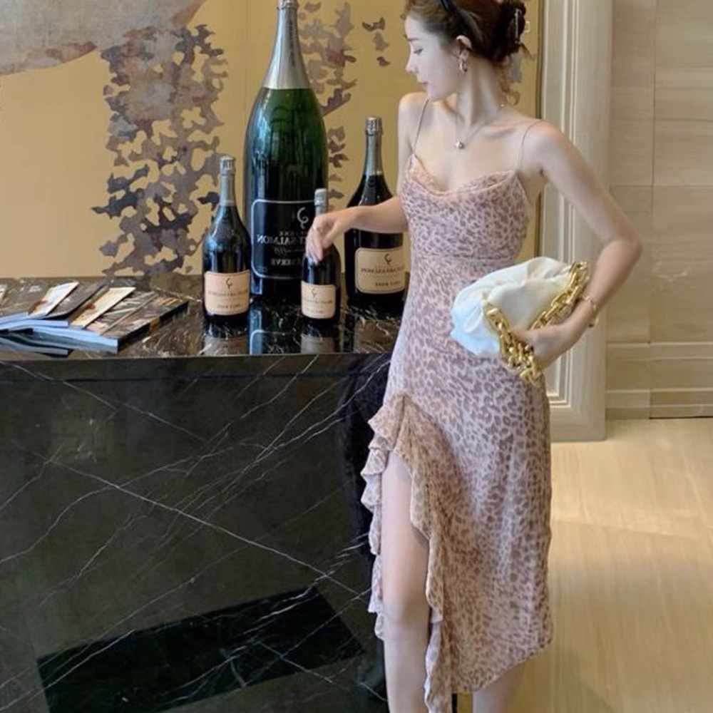 Light-pink print open-back date night / cocktail midi slit dress